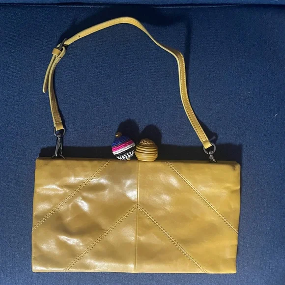 MALIPARMI Mustard Yellow Leather Stitched Ball Clutch Shoulder Bag Purse